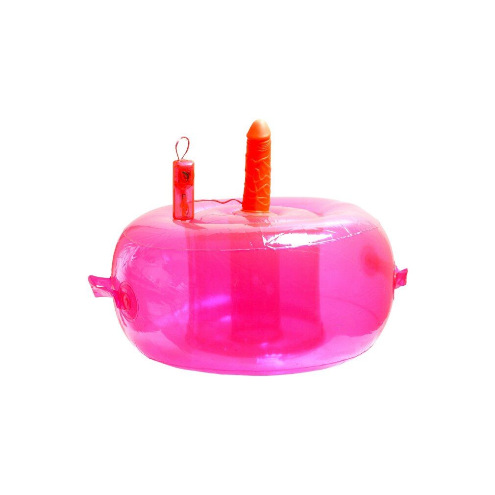 Pinkfarbener, aufblasbarer Sessel mit integriertem, orangefarbenem Dildo und einem kleinen, roten Element.