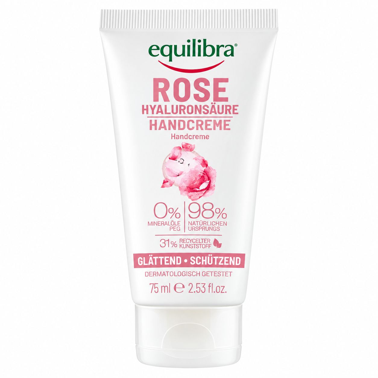 Equilibra Rose Hyaluronsäure Handcreme Tube mit 75ml Inhalt.