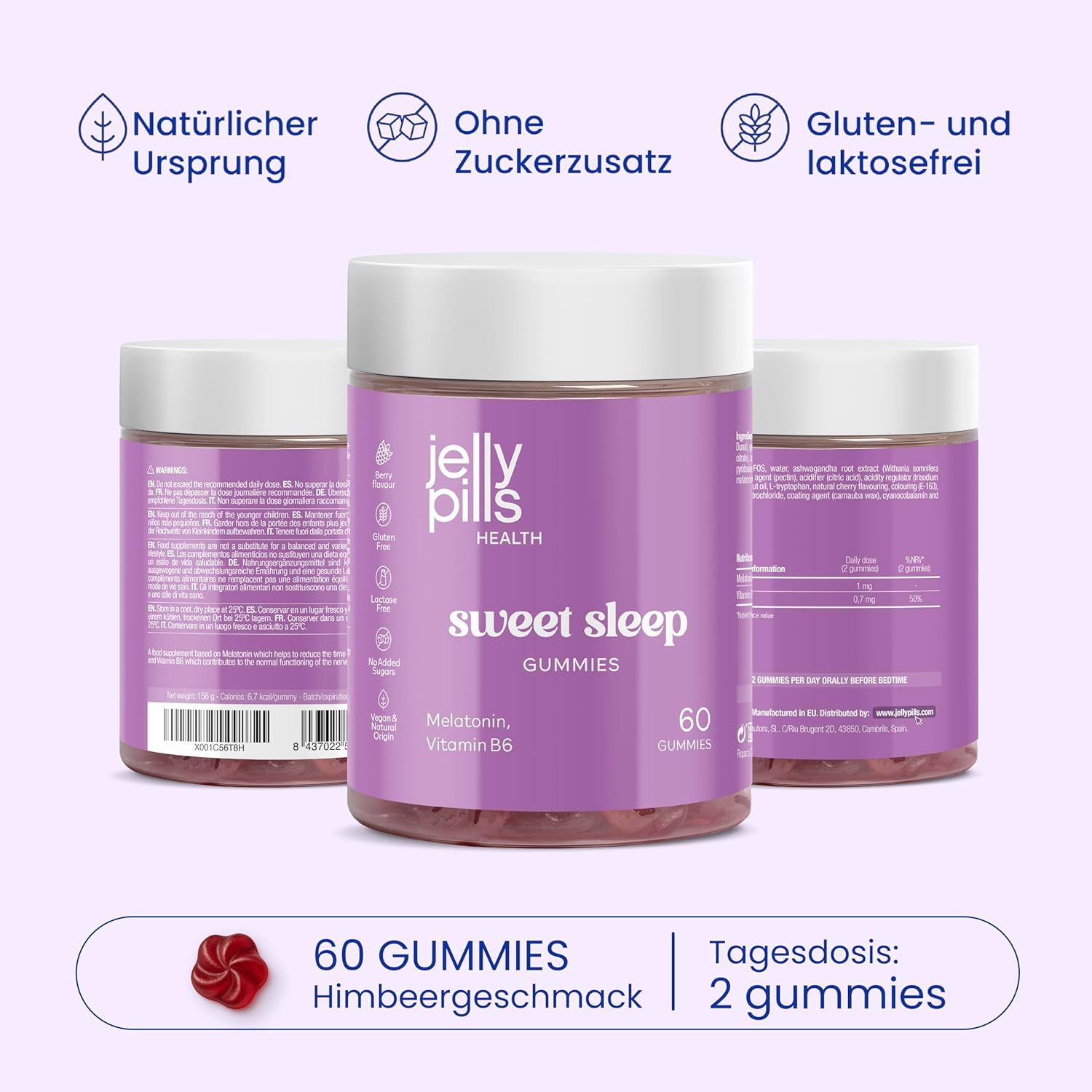 Drei Dosen Jelly Pills Health Sweet Sleep Gummies. Aufschrift: 60 Gummies, Himbeergeschmack, Tagesdosis: 2 Gummies.