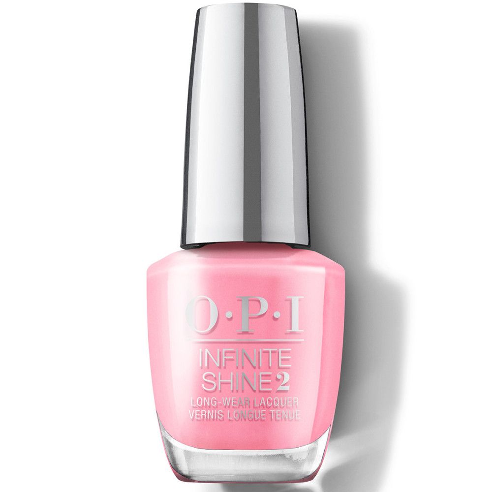 Nagellackflasche mit silbernem Deckel. Rosa Nagellack mit weißem Etikett. OPI Infinite Shine 2 ist sichtbar.