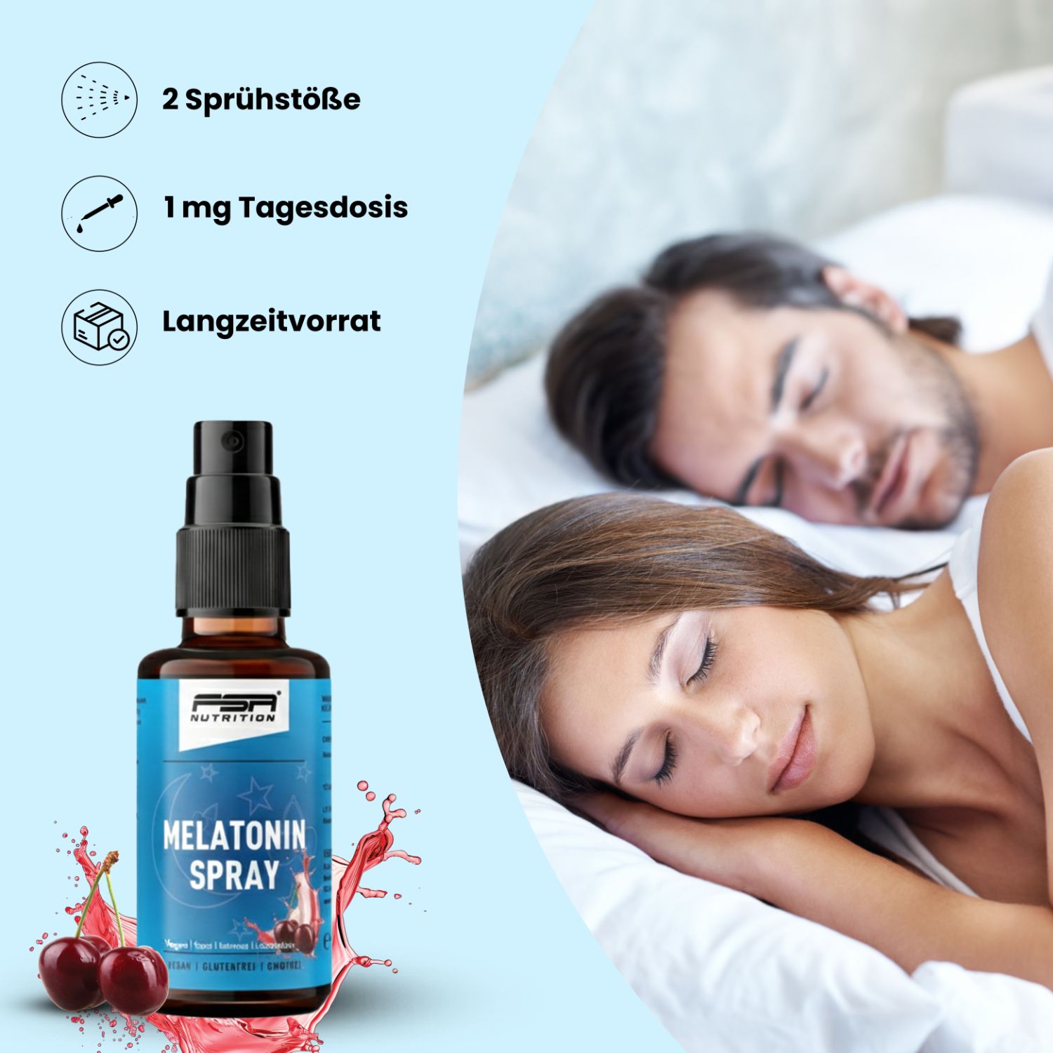 Braune Flasche mit blauem Etikett, FSA Nutrition Melatonin Spray, Kirsche. Zwei schlafende Personen im Hintergrund. Kirsch-Illustration.