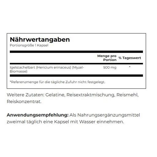 Weiße Tabelle mit Nährwertangaben. Enthält Informationen zu Igelstachelbart (Hericium erinaceus) (Myzel-Biomasse).