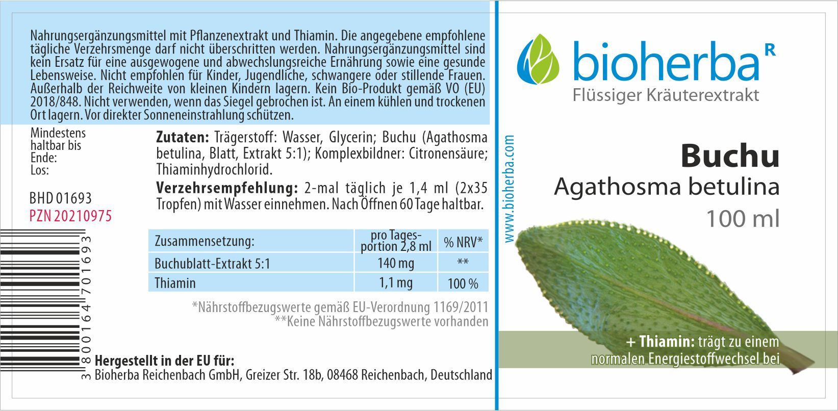 Etikett mit Produktinformationen. Bioherba Buchu Agathosma betulina Tinktur. Zutaten, Verzehrempfehlung, Nährwertangaben. 100 ml.