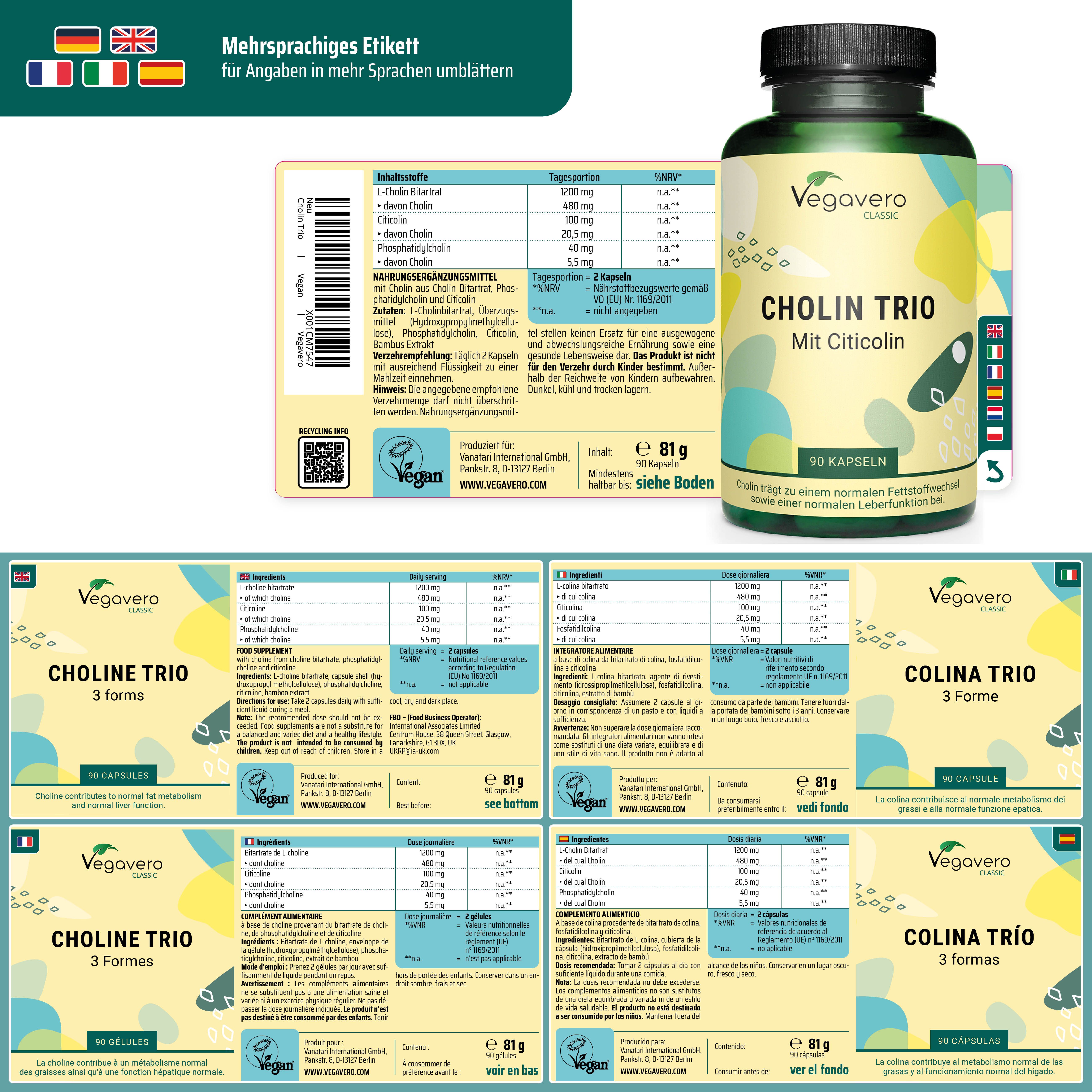 Mehrsprachiges Etikett mit Informationen in mehreren Sprachen. Flasche mit Kapseln. Aufschrift: CHOLIN TRIO.