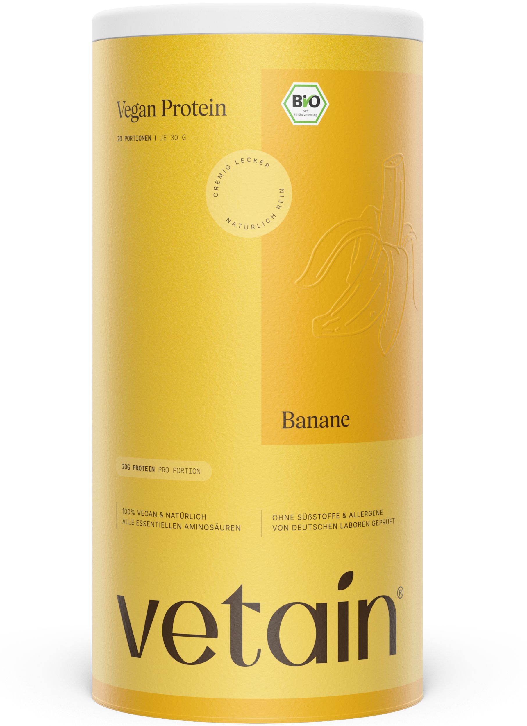 Gelbe Dose mit Aufschrift 'Vegan Protein Banane'. Bio-Siegel. 'Vetain' Logo unten. Bananen-Illustration.