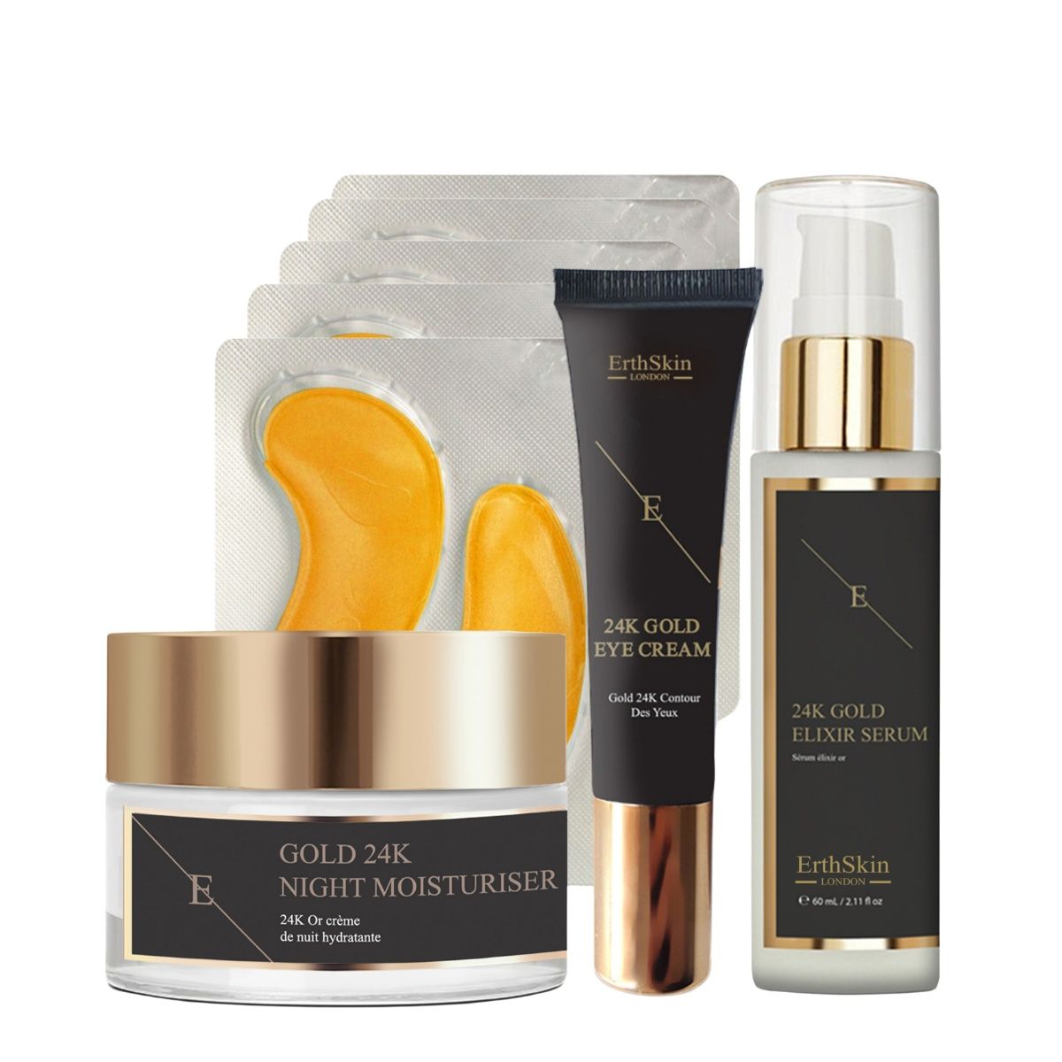 ErthSkin London Elixier-Serum + Feuchtigkeitscreme für die Nacht + Augencreme + Unter-Augen-Patch