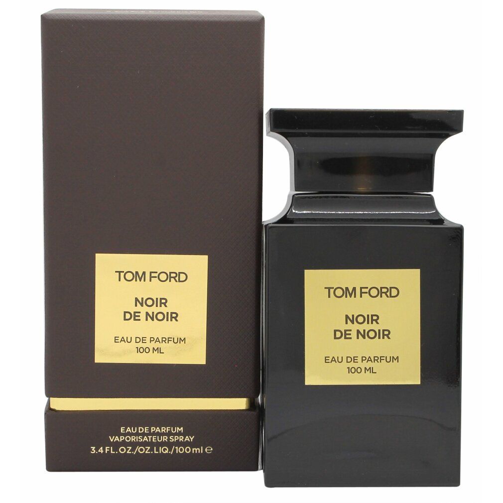 Schwarzer Flakon und Verpackung. Goldfarbenes Etikett mit Text. Marke TOM FORD, Noir de Noir.