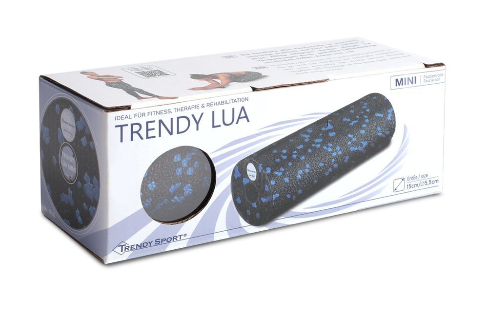 Verpackung mit Faszienrolle. Aufschrift 'Trendy Lua'. Abbildung der Rolle. Text: 'Ideal für Fitness, Therapie & Rehabilitation'.