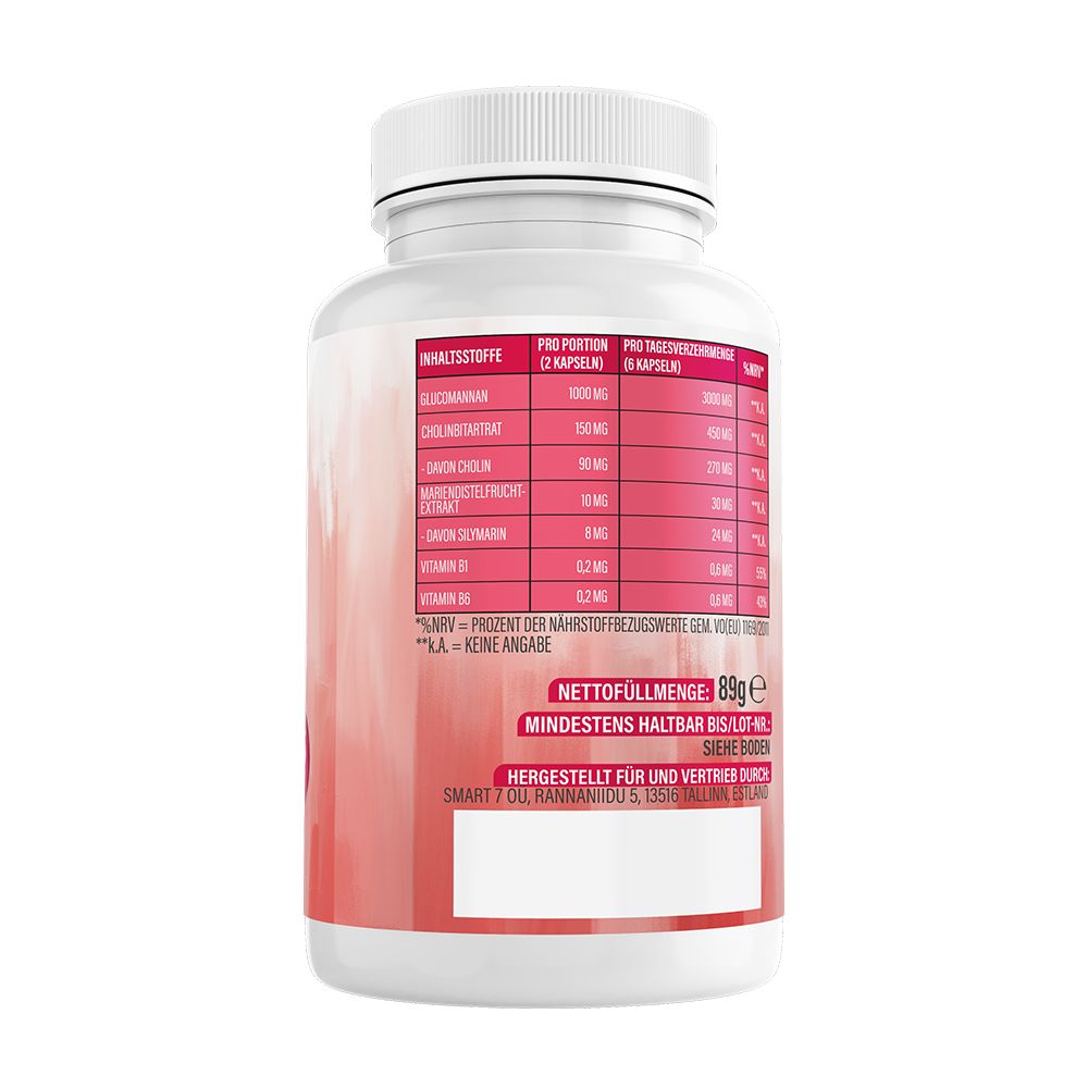 Rückseite einer weißen Flasche mit rotem Etikett. Nährwerttabelle. Nettogewicht 89g. Mindesthaltbarkeitsdatum.