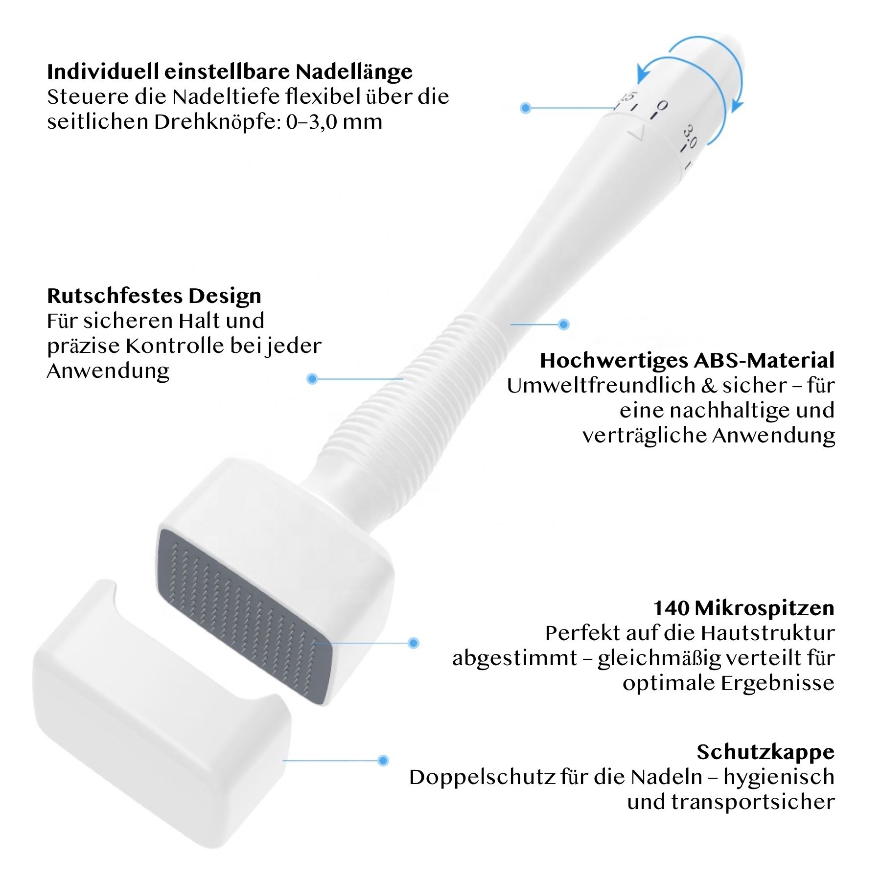 Derma Stamp mit Schutzhaube, einstellbarer Nadeltiefe und ABS-Material.