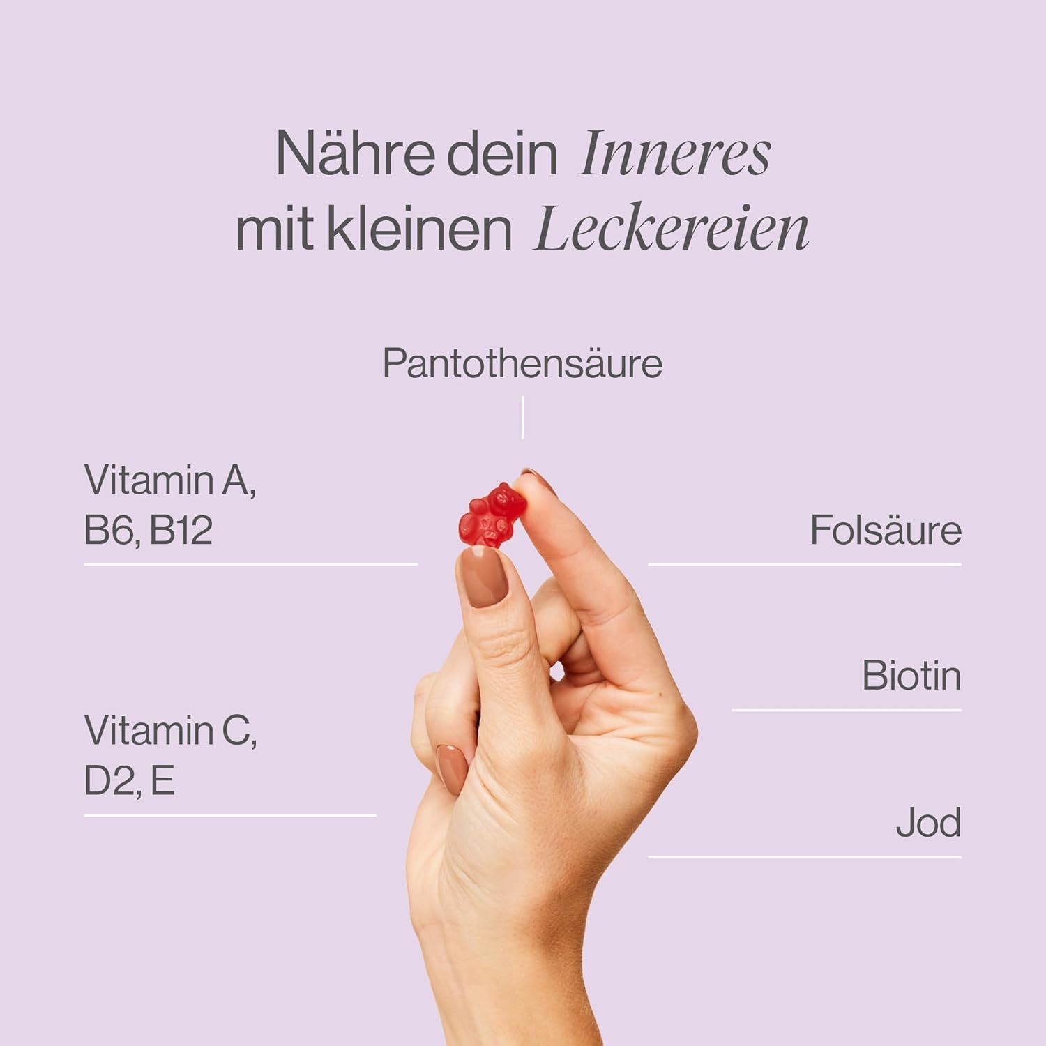 Hand hält ein rotes Gummibärchen. Text: Vitamin A, B6, B12, Vitamin C, D2, E, Pantothensäure, Folsäure, Biotin, Jod.