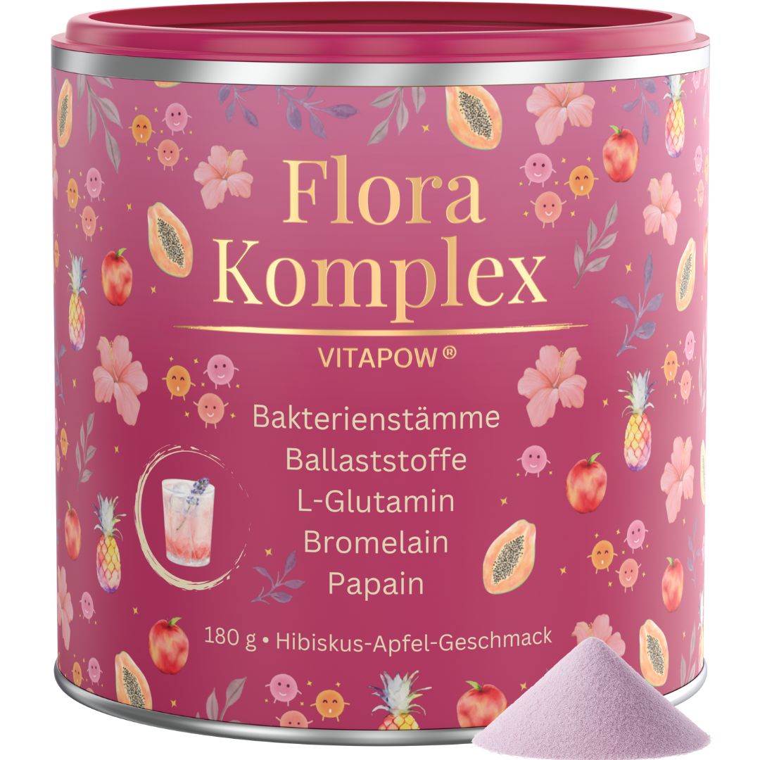 Rosa Dose mit Produkt und Pulver. Text: Flora Komplex, Vitapow. Enthält Bakterienstämme, Ballaststoffe, L-Glutamin, Bromelain, Papain. 180g, Hibiskus-Apfel-Geschmack.