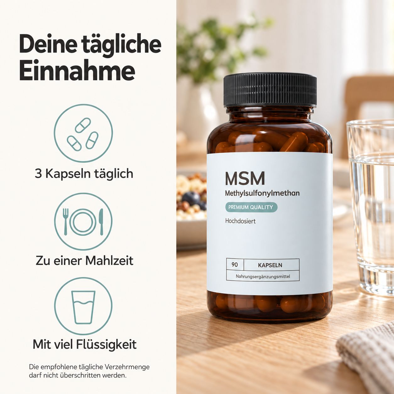 Braune Glasflasche mit 90 Kapseln MSM (Methylsulfonylmethan), Premium Qualität, hochdosiert.