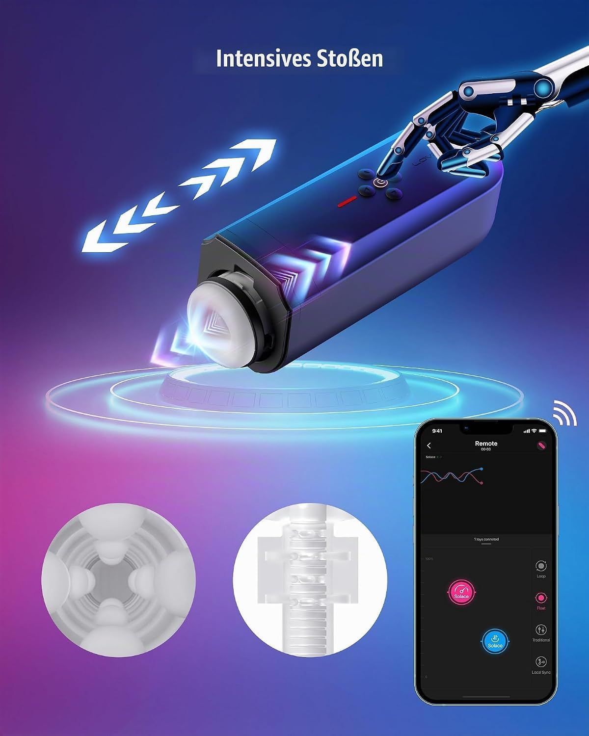 Gerät mit Roboterarm-Animation, die intensive Stöße zeigt, und Smartphone-App-Steuerung.