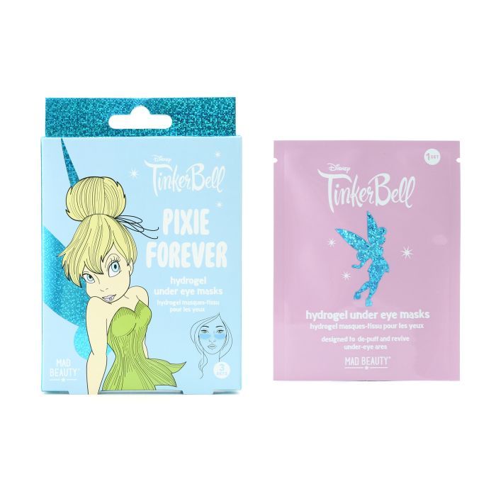 Verpackung und Einzelverpackung mit Hydrogel-Augenmasken. Aufdrucke: Tinker Bell, Pixie Forever. Illustration von Tinkerbell.