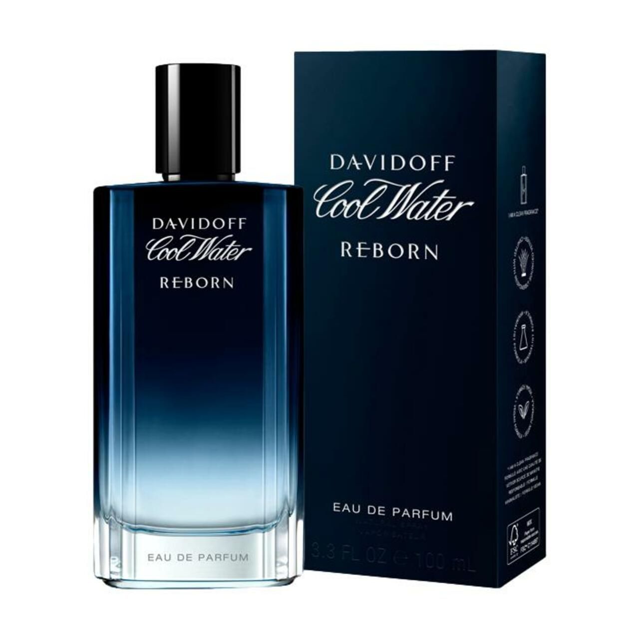 Davidoff Cool Water Reborn Flakon und Verpackung. Rechteckige Form, Farbverlauf. Schwarzer Verschluss. Aufschrift auf Flakon und Box.