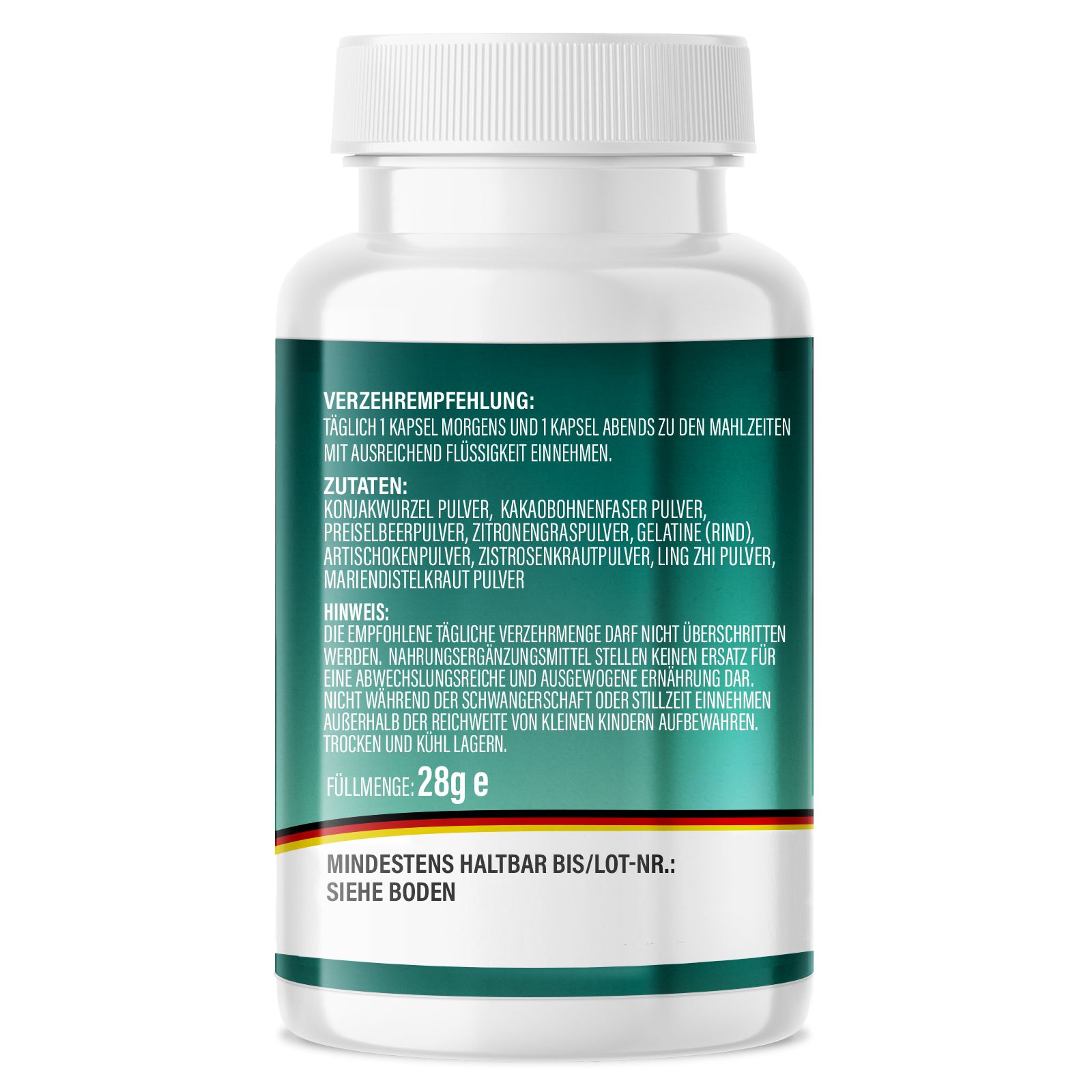 Rückseite der Kapsel-Dose. Grünes Etikett mit Text. Enthält Verzehrempfehlung, Zutaten, und Hinweise.