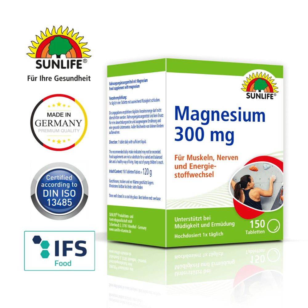 Sunlife Magnesium 300 Tabletten. Verpackung mit 150 Tabletten. Aufschrift: Magnesium 300 mg. Für Muskeln, Nerven und Energiestoffwechsel.