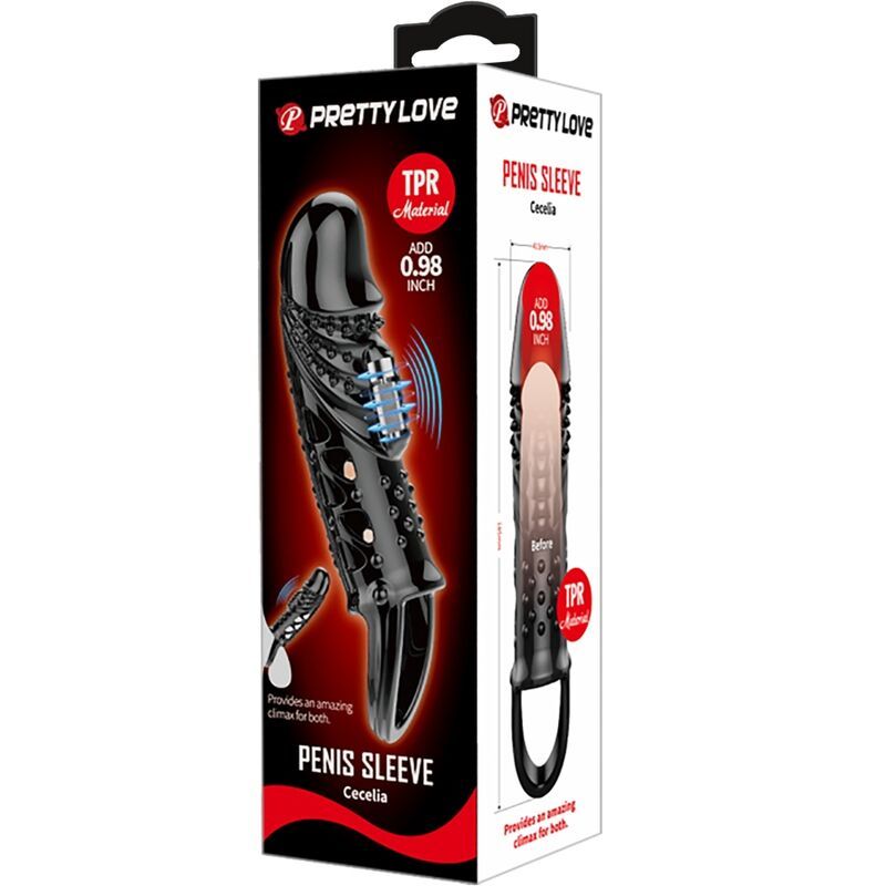 Verpackung mit schwarzer Penishülse mit Hodenschlaufe. Text: Pretty Love, Penis Sleeve, Cecelia, ADD 0.98 INCH. Illustrationen.