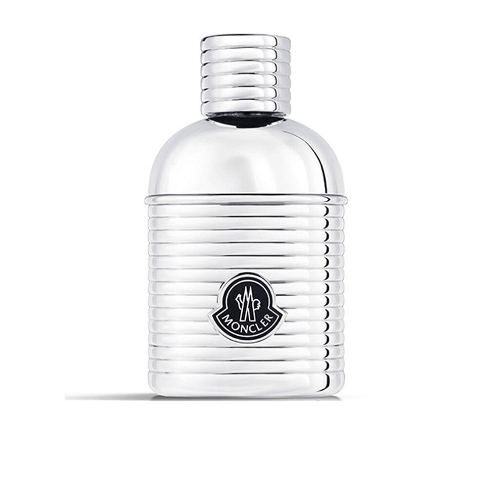 Silberfarbener Flakon. Moncler Logo auf dem Flakon. Geriffelte Oberfläche. Zylinderförmiger Verschluss.
