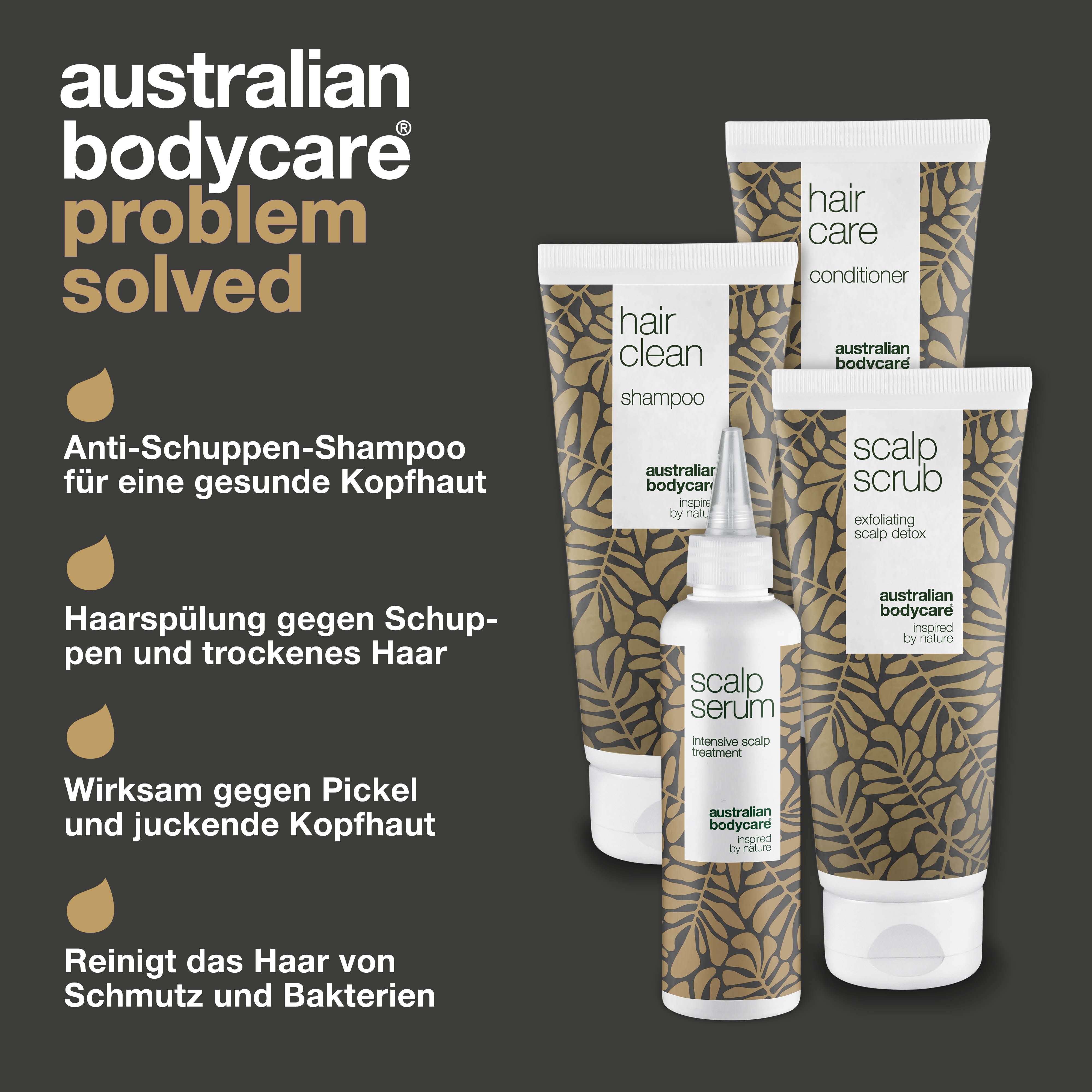 Problem gelöst. Produkte: Shampoo, Peeling, Conditioner, Serum. Text: Anti-Schuppen-Shampoo, Haarpflege.