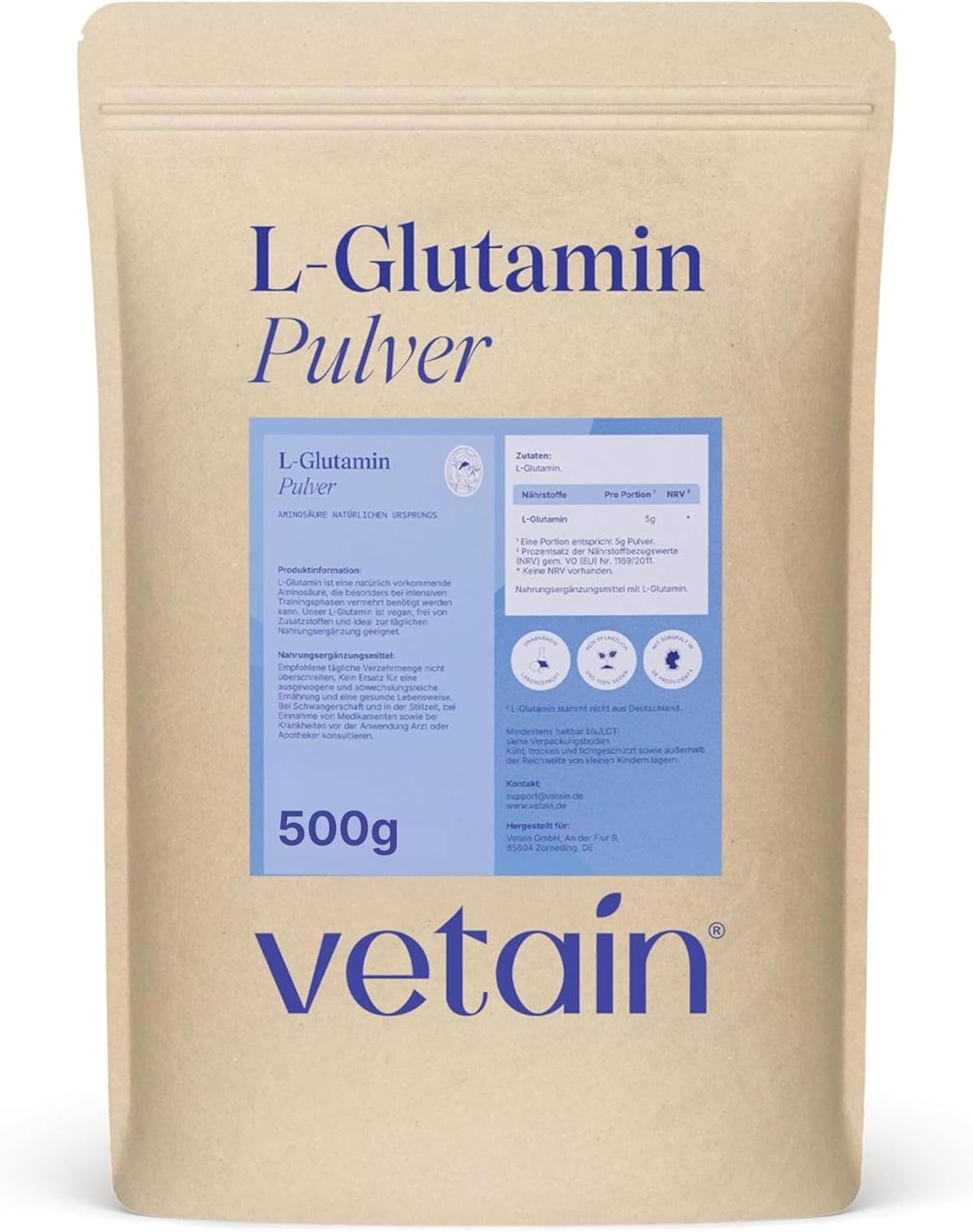 VETAIN L-Glutamin Pulver 500g Beutel.
