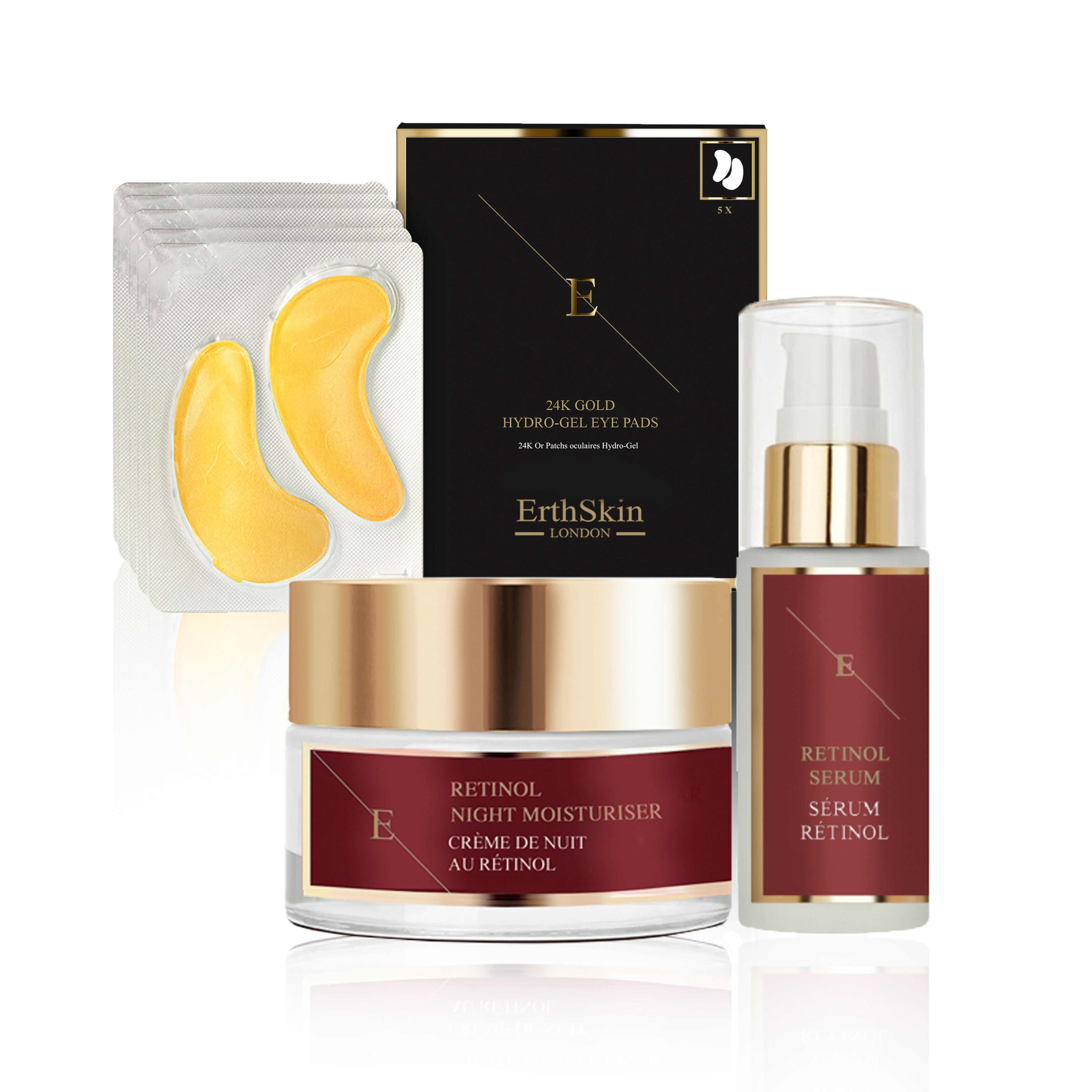Set mit Augenpads, Nachtcreme und Serum. Goldfarbene Augenpads, Creme- und Serumflaschen mit Etiketten. Schwarze Verpackung mit Logo.