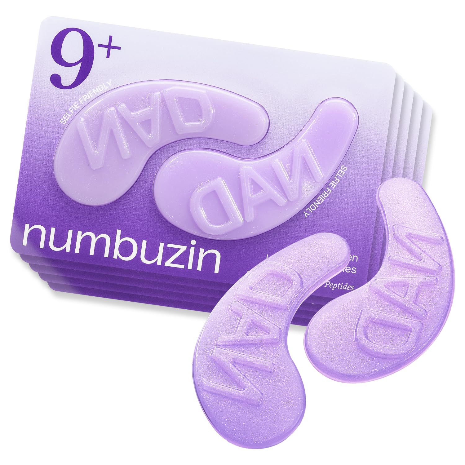 Mehrere Augen-Pads. Marke: Numbuzin. Text: 9+. Produkt: No.9 NAD+ Collagen Under Eye Patches.