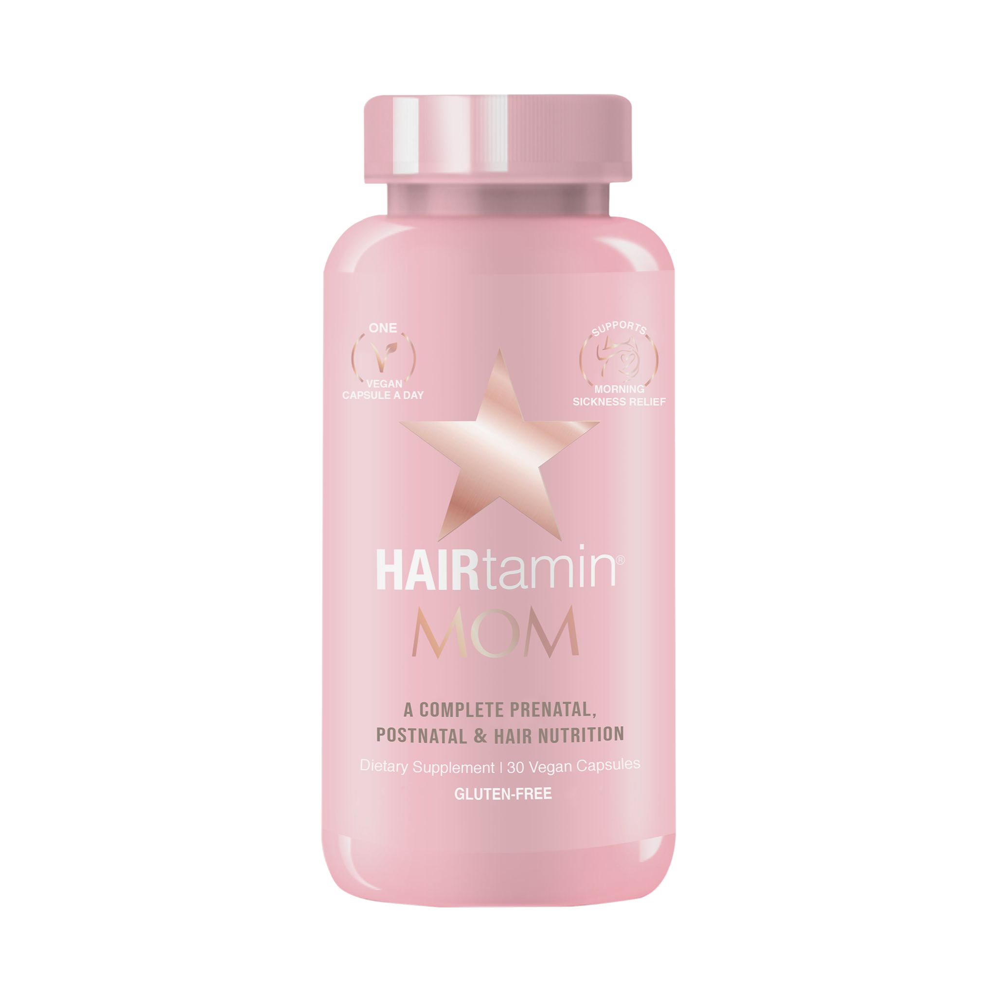 Rosa Flasche mit Kapseln. Aufschrift: HAIRtamin MOM. Enthält 30 vegane Kapseln. Glutenfrei.