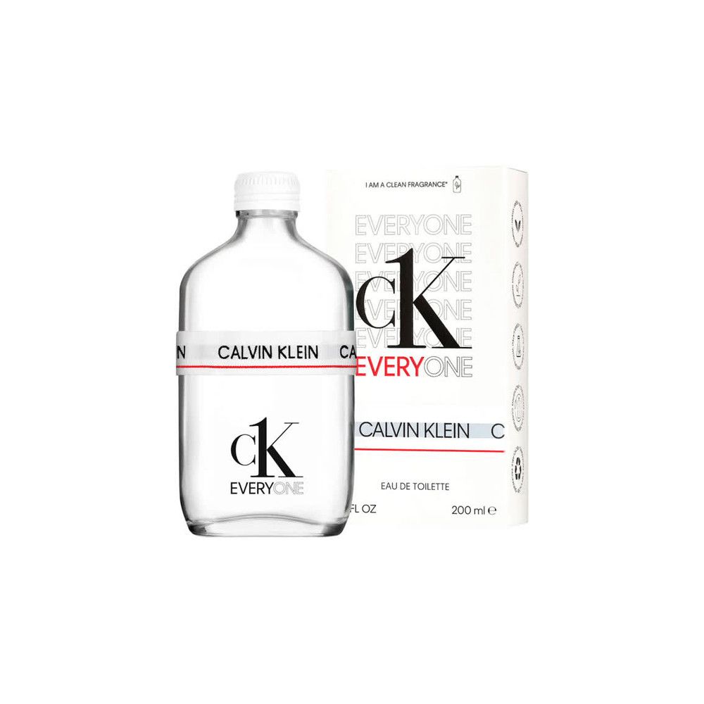 Transparenter Flakon und Verpackung. Flakon mit weißem Verschluss, weißem Band und Schriftzug. Verpackung mit Schriftzug EVERYONE.