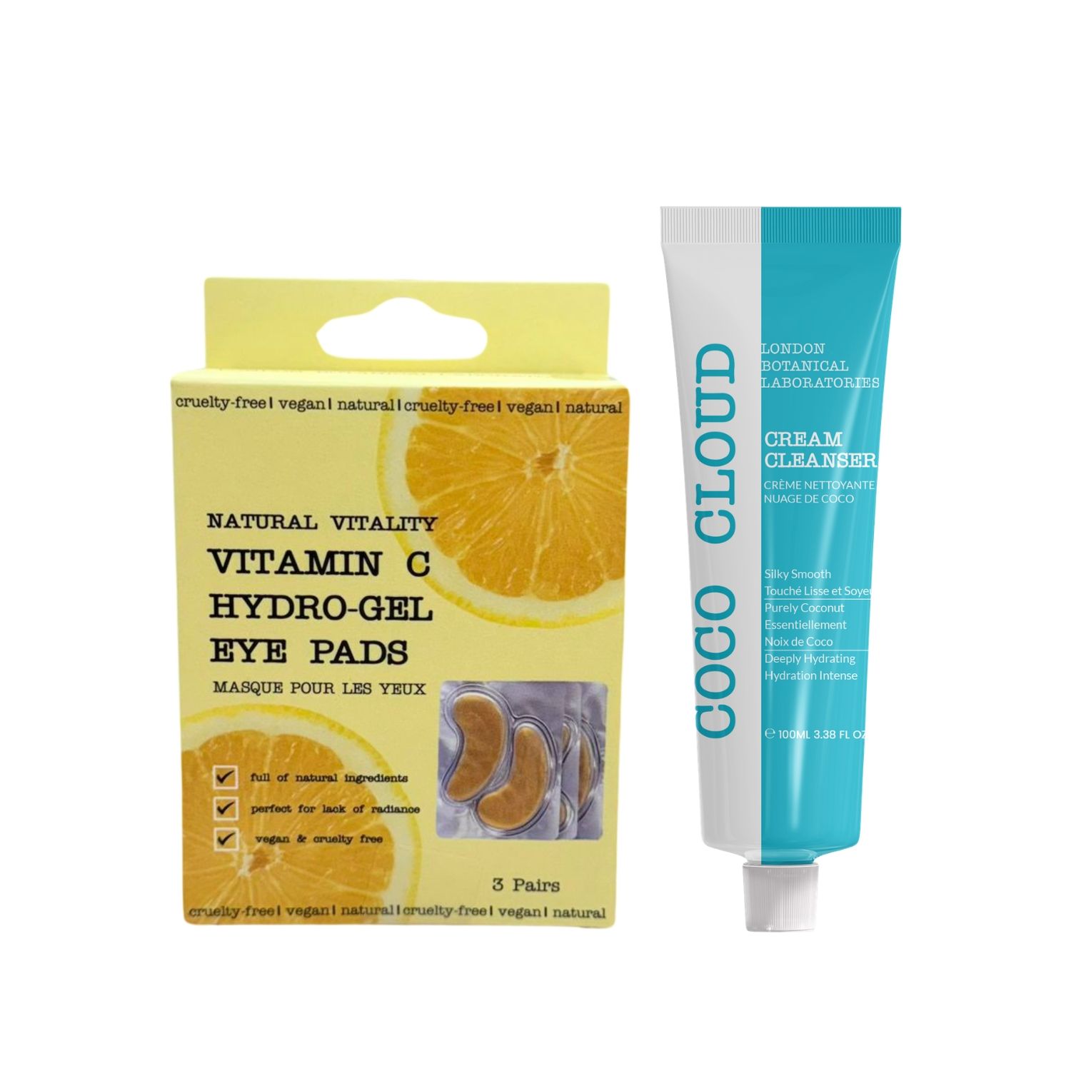 Gel-Augenpads und Creme-Reiniger. Augenpads in gelber Schachtel mit Orangen-Motiv. Creme-Reiniger in weiß-türkis Tube.