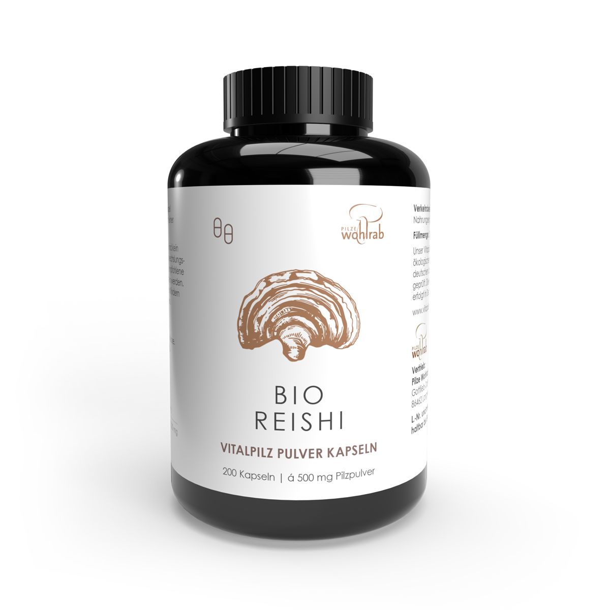 Schwarze Flasche mit BIO Reishi Pulverkapseln. Aufschrift: Vitalpilz Pulver Kapseln. Braune Kapseln liegen daneben.
