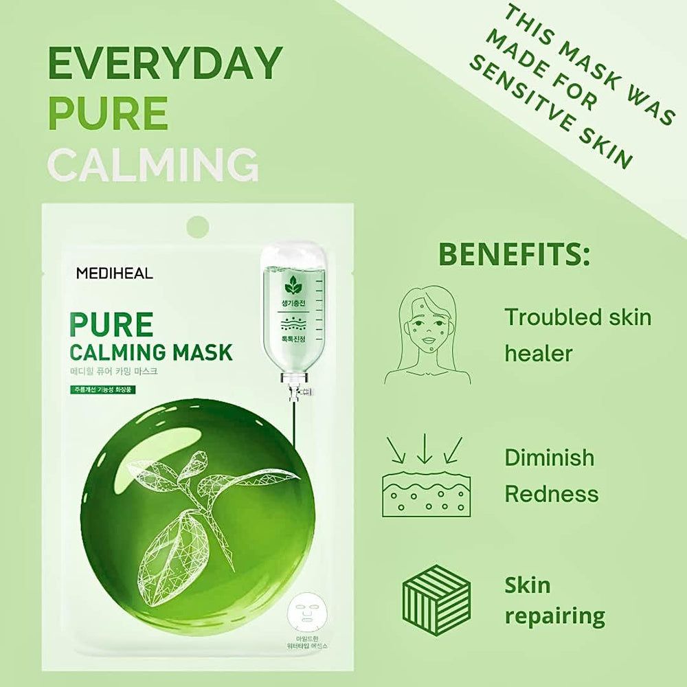 Grüne Gesichtsmaske mit Aufschrift: MEDIHEAL Pure Calming Mask. Illustration einer grünen Kugel mit Blättern. Text: Everyday Pure Calming, Benefits: troubled skin healer.