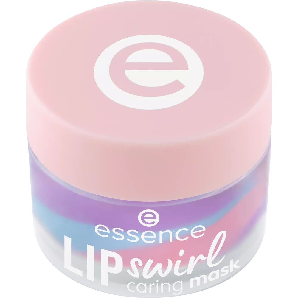 Tiegel mit rosa Deckel und weißem Logo. Darunter ein Tiegel mit mehrfarbiger Lippenmaske. Schriftzug: essence LIP swirl caring mask.