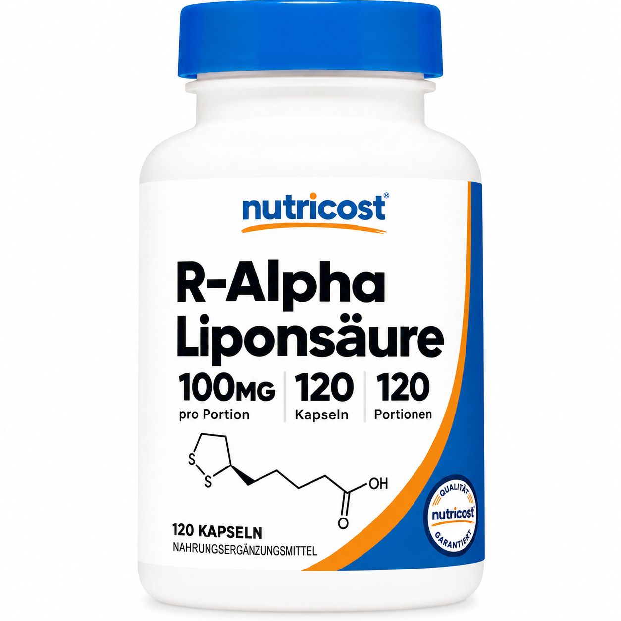 Flasche "R-Alpha Liponsäure" mit 120 Kapseln, chemische Struktur abgebildet.
