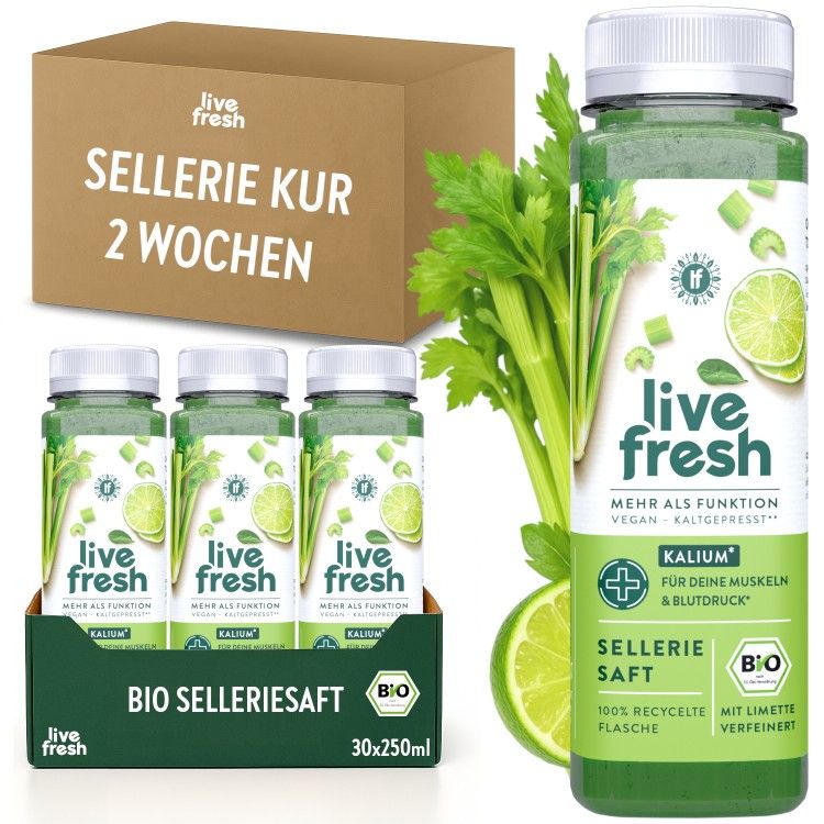 LiveFresh Sellerie Kur-Packung mit Flaschen. Bio-Selleriesaft mit Limette. Karton mit Aufschrift 'Sellerie Kur 2 Wochen'.