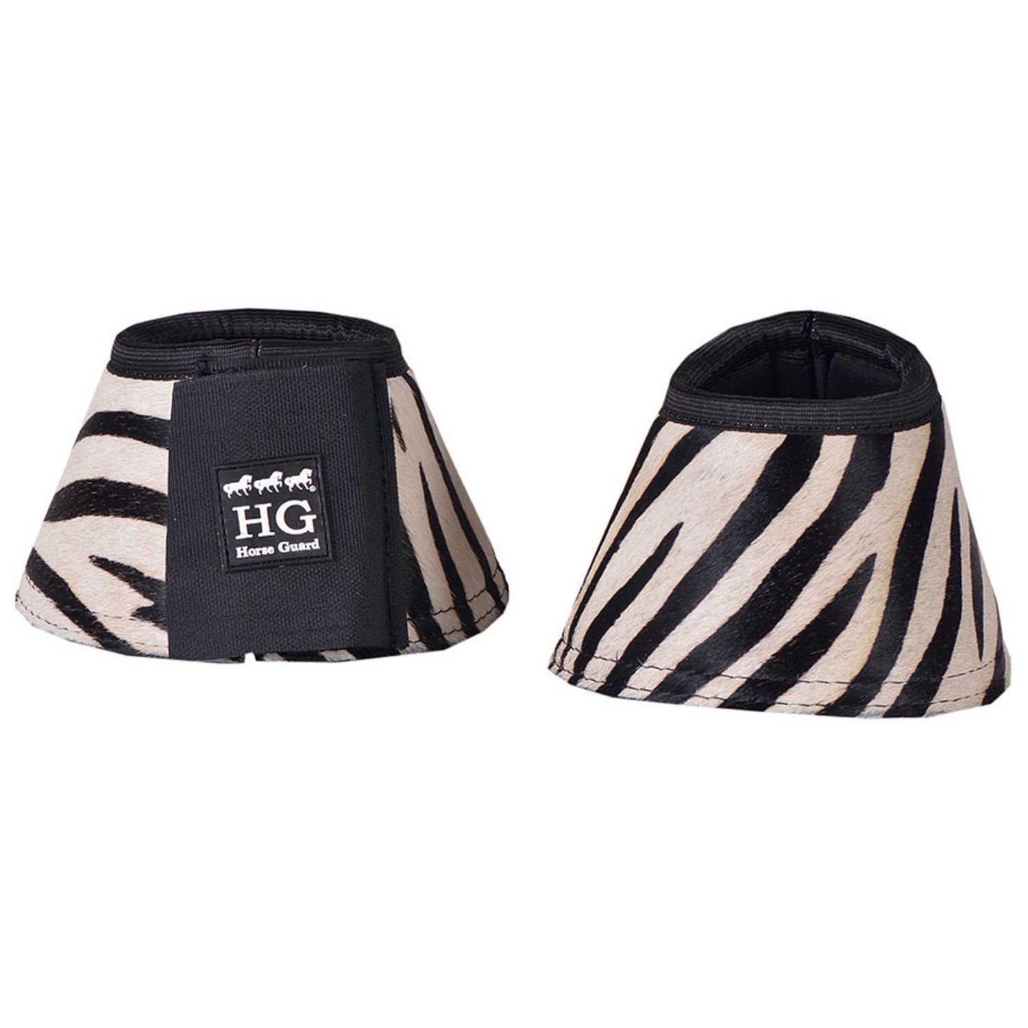 Zwei Hufglocken mit Zebra-Muster. Schwarzer Rand und Verschluss. Logo "Horse Guard".