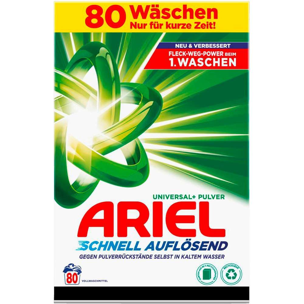 Ariel Waschpulver-Packung. Grün-weißes Design mit Logo und Schriftzug. Enthält 80 Waschladungen. Schnell auflösend.