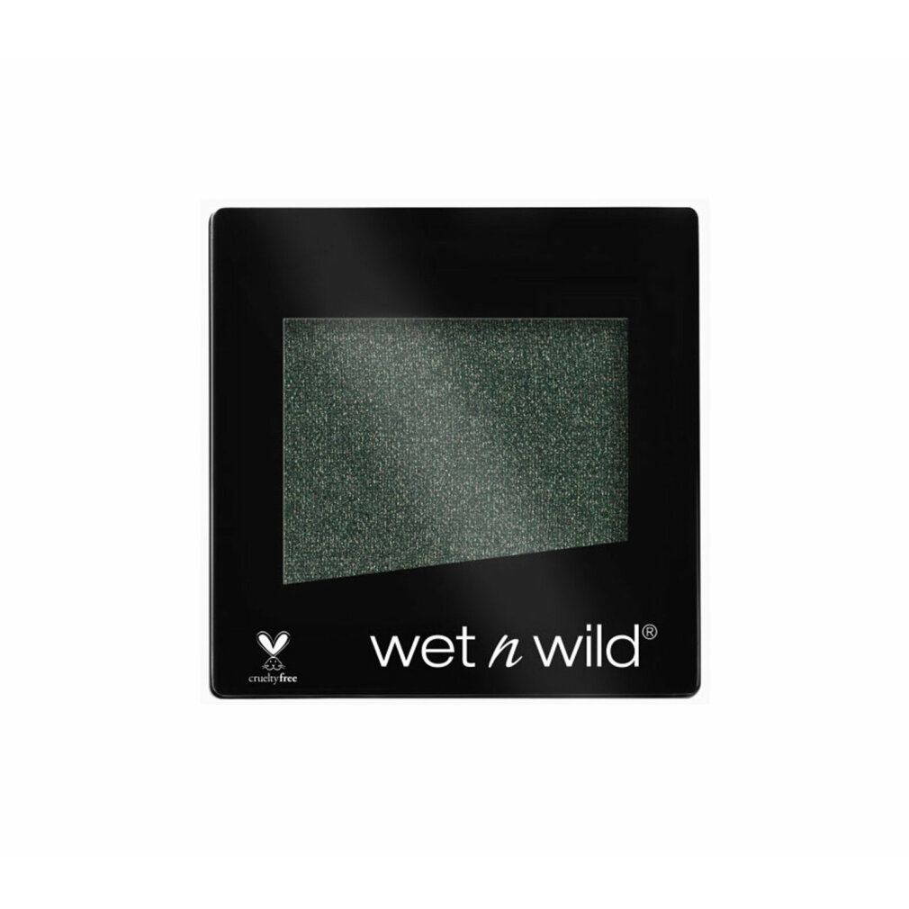 Quadratischer, schwarzer Lidschatten-Behälter mit grünem Lidschatten. Marke: wet n wild. Vegan-Siegel.