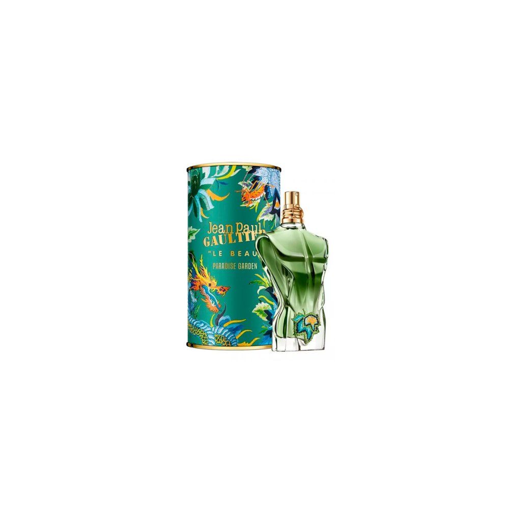 Jean Paul Gaultier Le Beau Paradise Garden Eau de Parfum Flakon und Dose mit Drachenmotiv.