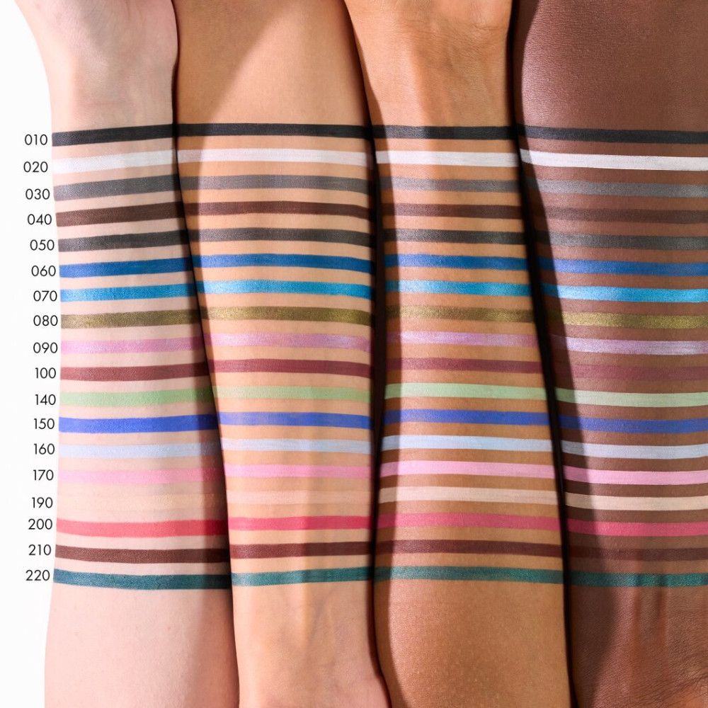 Arme mit verschiedenen Hauttönen zeigen Farbtöne von Kajalstiften. Nummerierung von 010 bis 220.