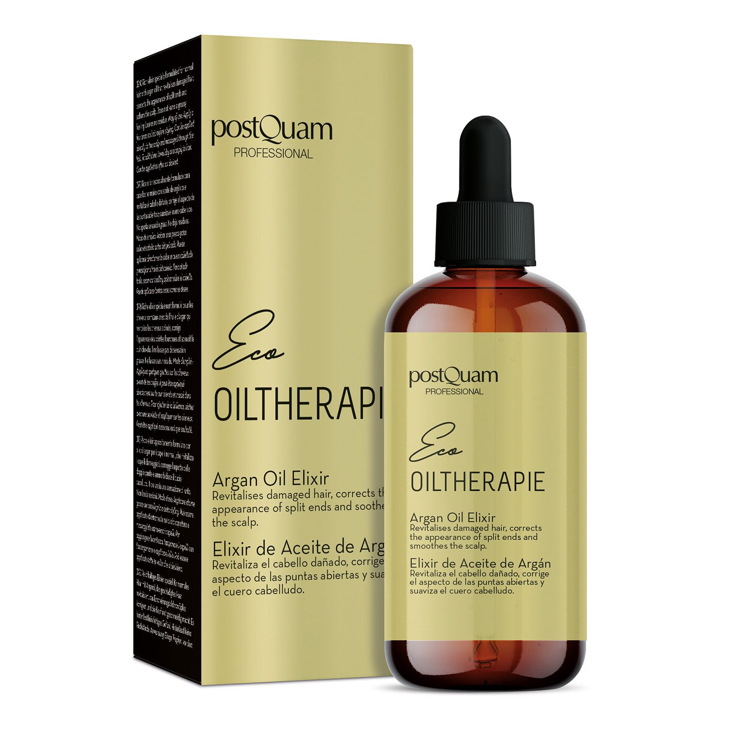 Braune Glasflasche mit schwarzem Tropfer und goldfarbener Etikett. Daneben eine goldfarbene Schachtel mit Text. Produktname: Eco Öltherapie.