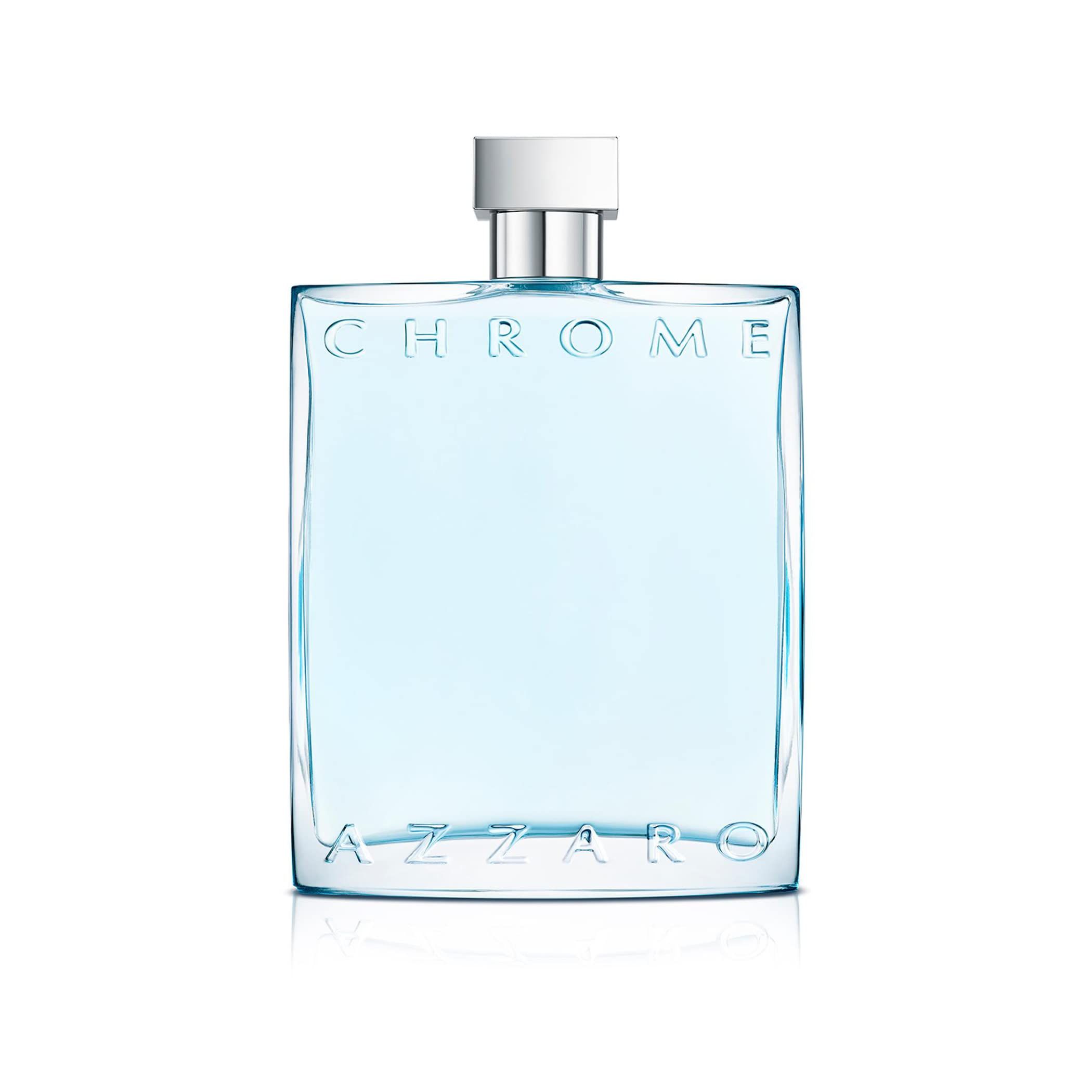 Rechteckiger Flakon mit hellblauer Flüssigkeit. Silberfarbener Verschluss. Oben steht "CHROME", unten "AZZARO".