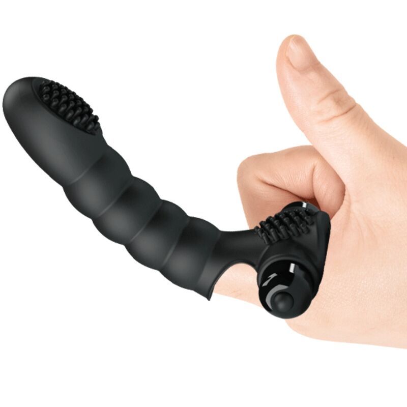 Schwarzer Pretty Love Alexander Vibrator, Seitenansicht, mit geripptem Griff und Noppen.