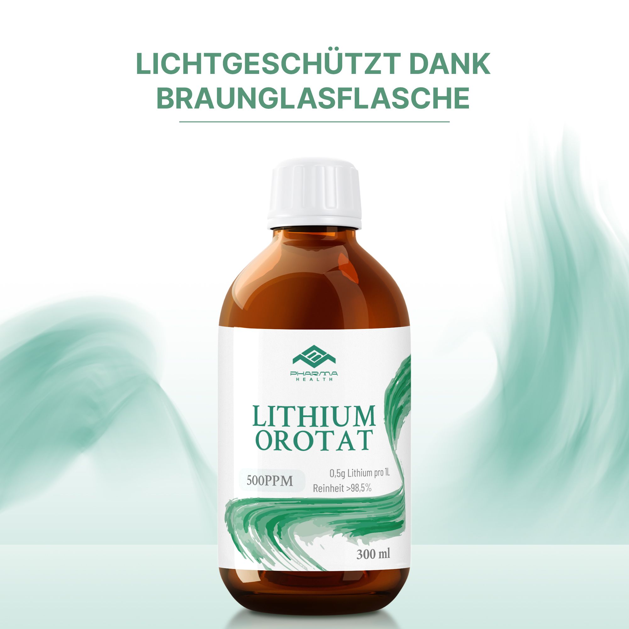 Braunglasflasche mit weißem Deckel. Etikett mit "Lithium Orotat" und "Pharma Health". Text: 300 ml, 500 PPM, Reinheit >98,5%.