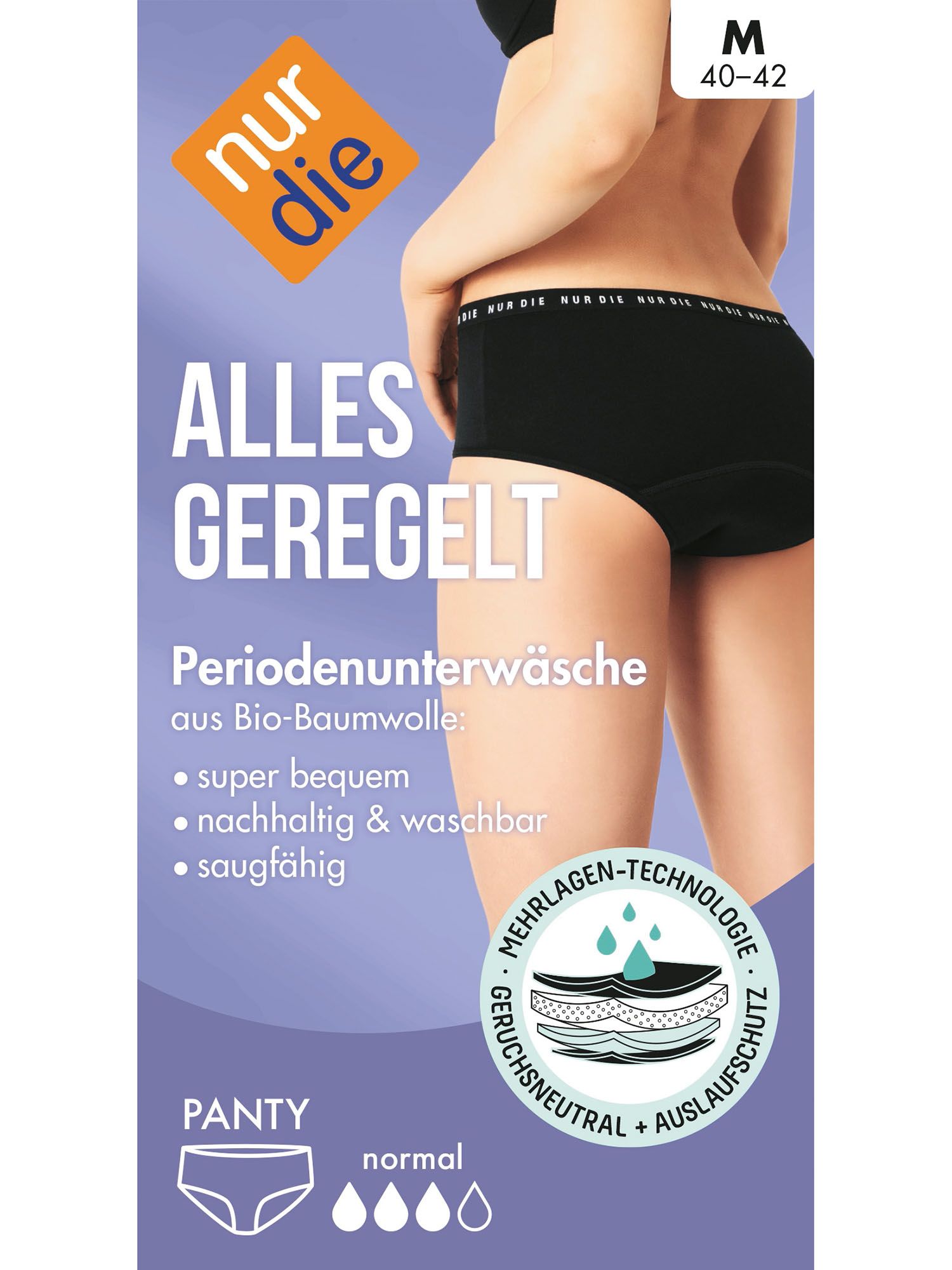 Schwarze Periodenunterwäsche mit weißem Logo. Aufschrift: ALLES GEREGELT. Größe M 40-42. Produktmerkmale: super bequem, nachhaltig, waschbar, saugfähig.