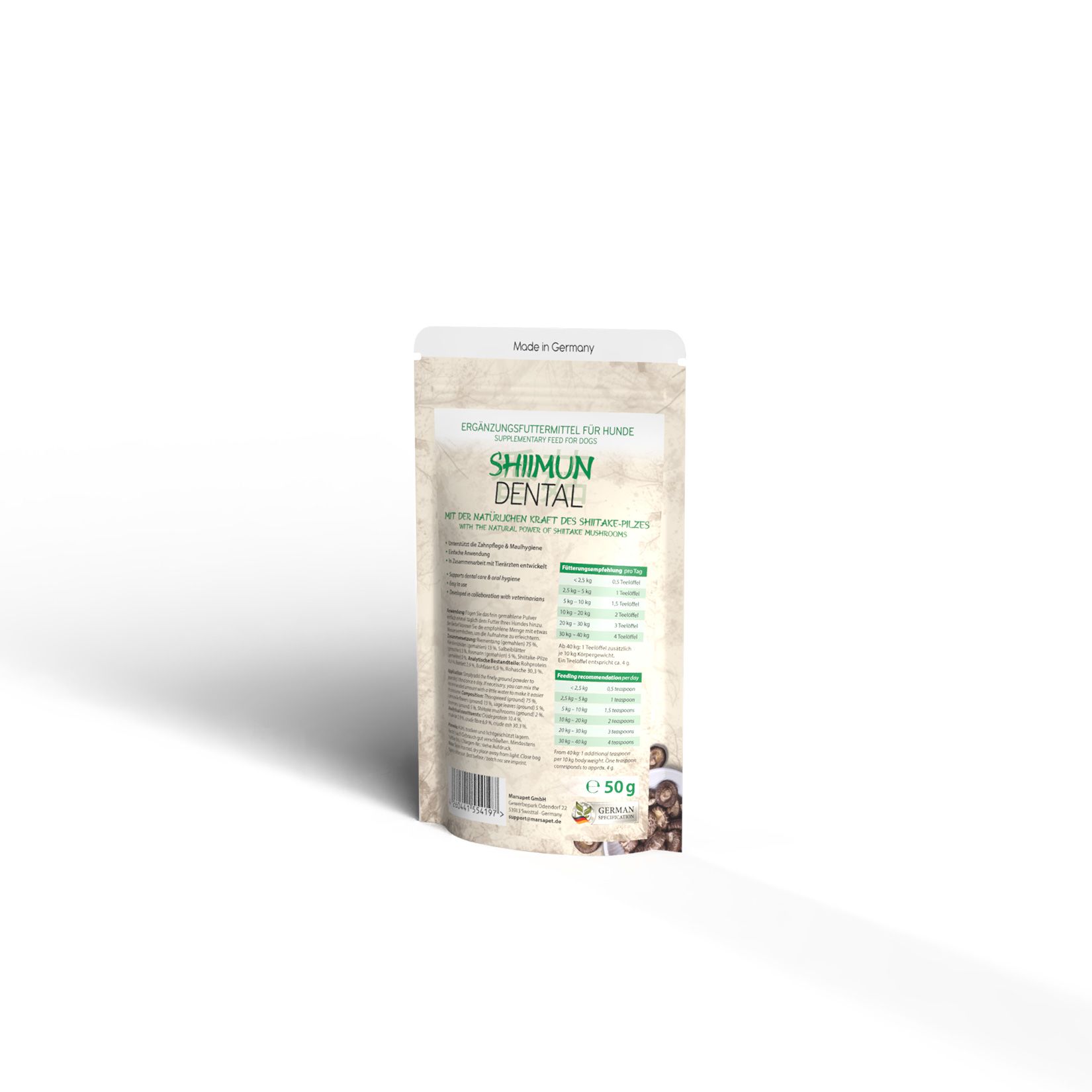Rückseite des Shiimun Dental Pulver Beutels. Enthält Informationen und Nährwertangaben. Hergestellt in Deutschland.
