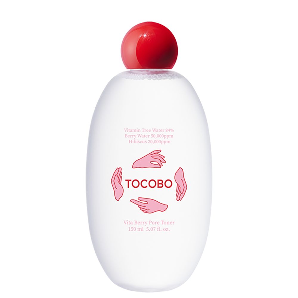TOCOBO Vita Berry Pore Toner in ovaler Flasche mit rotem Verschluss. Enthält Vitamin Tree Water, Berry Water und Hibiskus.