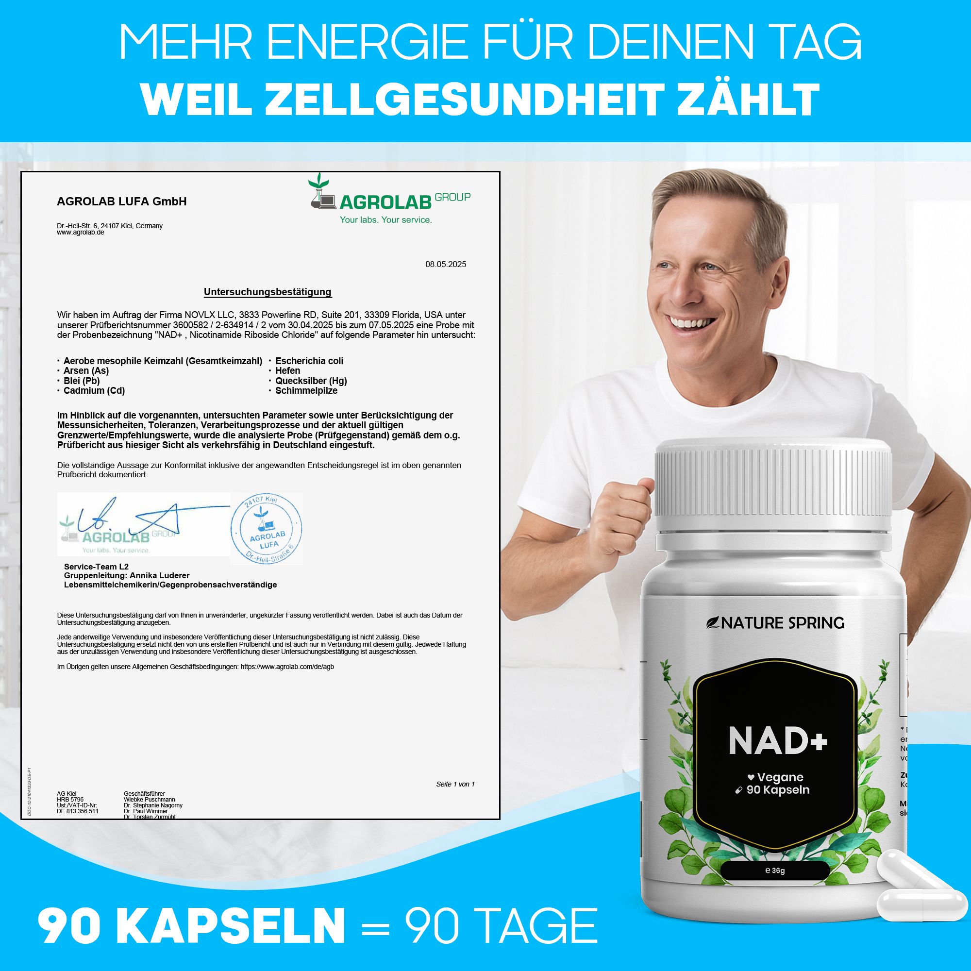 NATURE SPRING NAD+ Kapseln: 90 Kapseln = 90 Tage. Analysebericht im Hintergrund.