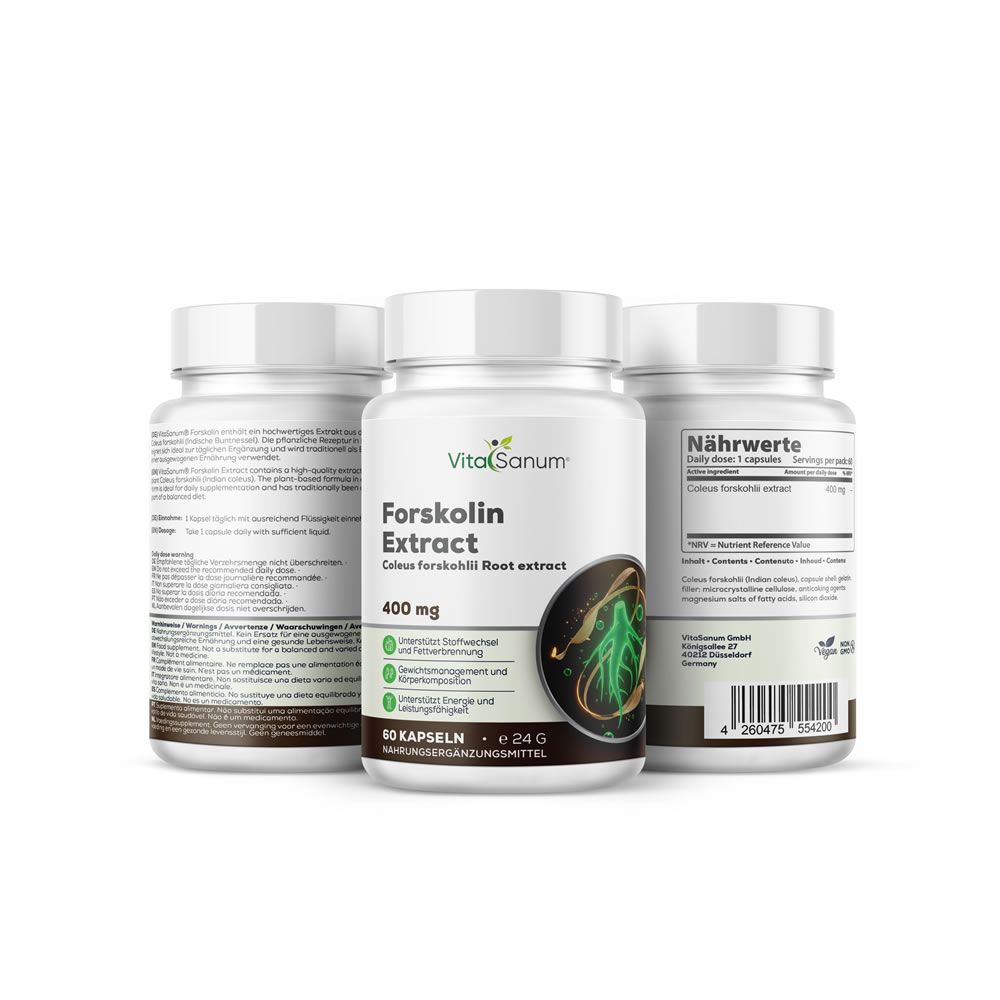 Drei weiße Flaschen mit Kapseln. Aufschrift: VitaSanum, Forskolin Extract, 400 mg. Illustration von Coleus Forskohlii.